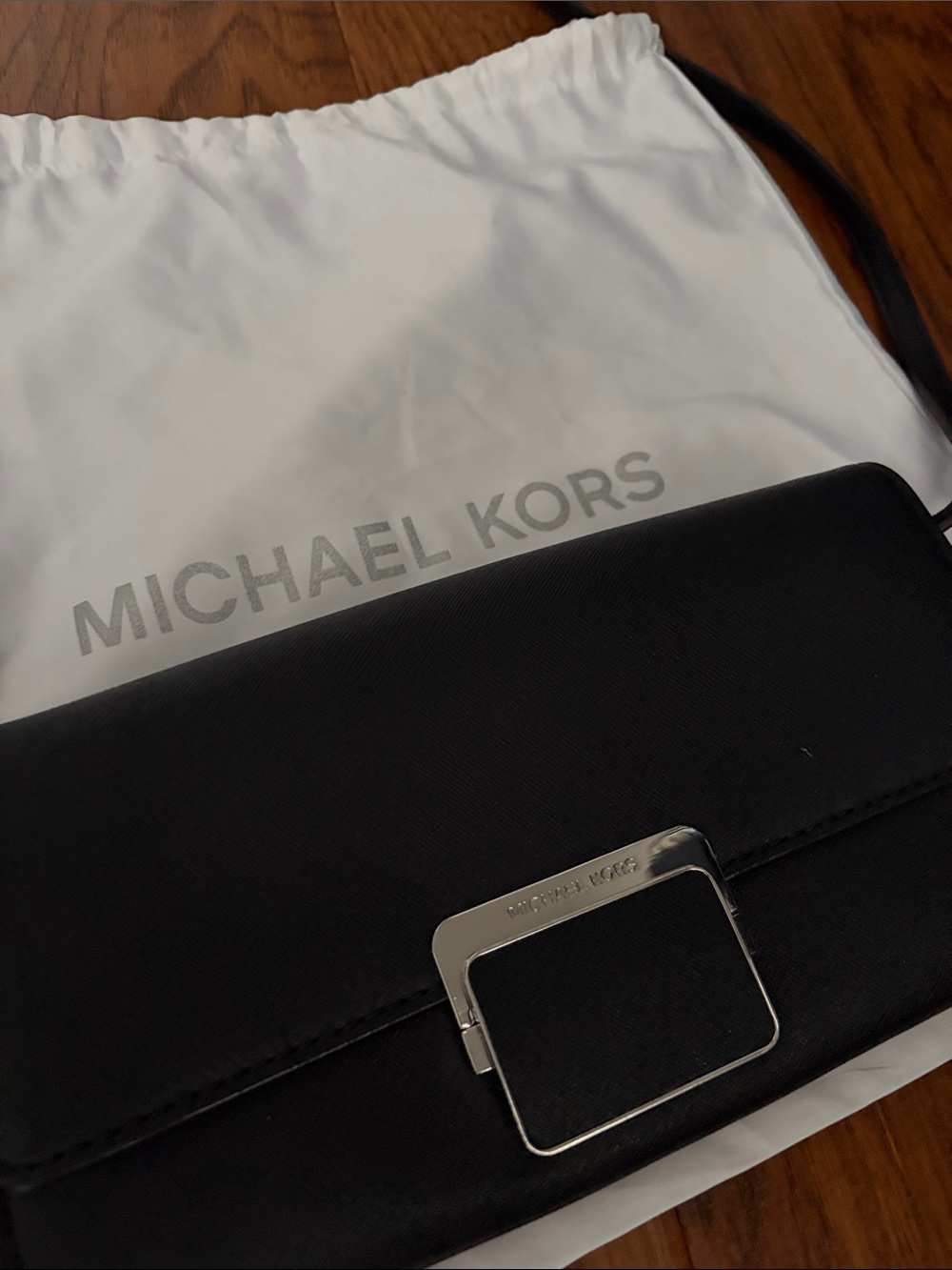 Michael Kors Black Leather clutch Bag with Silver Buckle